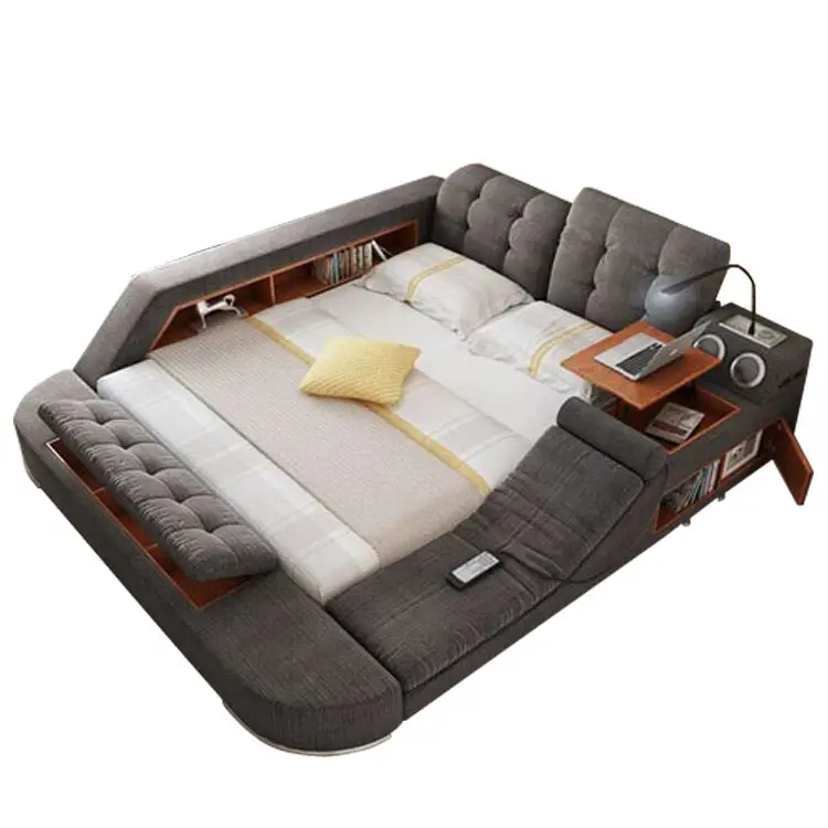 Cama king multifuncional para dormitorio, cama doble de cuero con masaje, moderna, de lujo, alta calidad