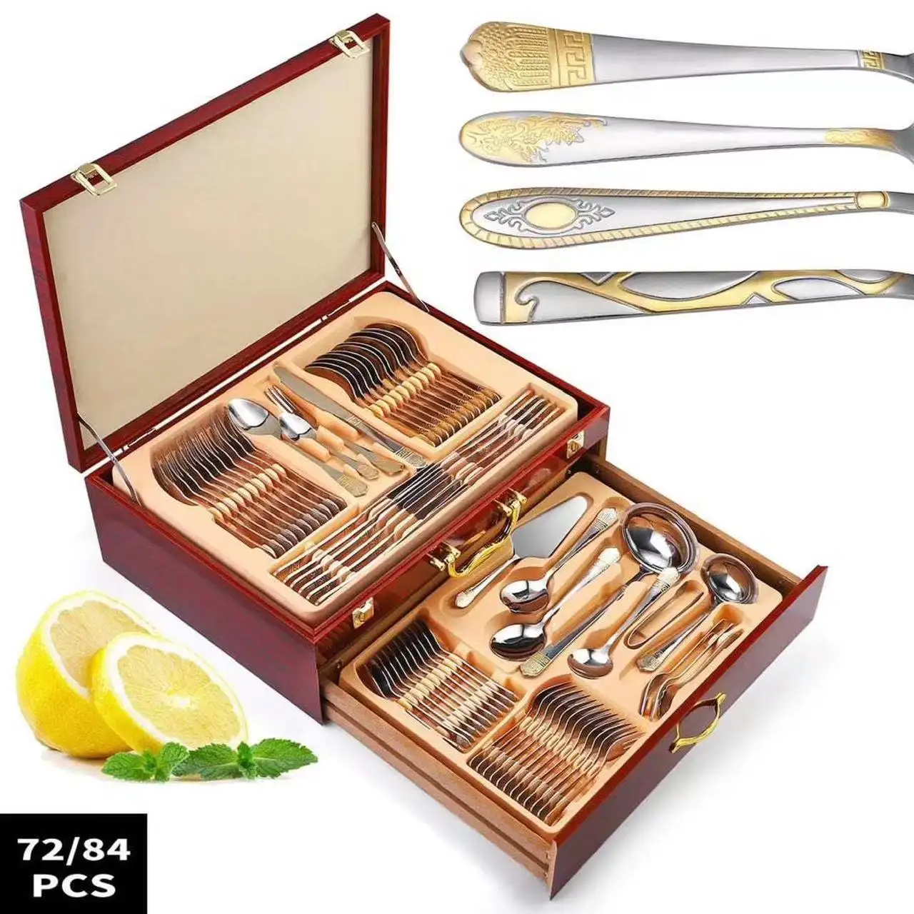 Royal Crown Juego de Cubiertos de acero inoxidable con caja de regalo de madera, cuchillo, tenedor, cuchara, 72 /84 piezas