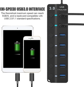 高速7合1 Usb适配器3.0端口7端口Usb数据集线器，适用于计算机Mac Pro台式机笔记本电脑的单个电源开关 - Product Image 3
