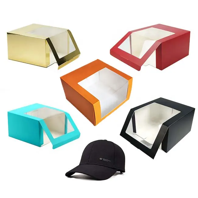 ราคาถูกโลโก้ที่กําหนดเองสีส้มสีเทาสีฟ้าสีแดงสีขาวสีดําทองกระดาษ snapcap หมวกบรรจุภัณฑ์หมวกเบสบอลกล่องของขวัญที่มีหน้าต่างที่ชัดเจน