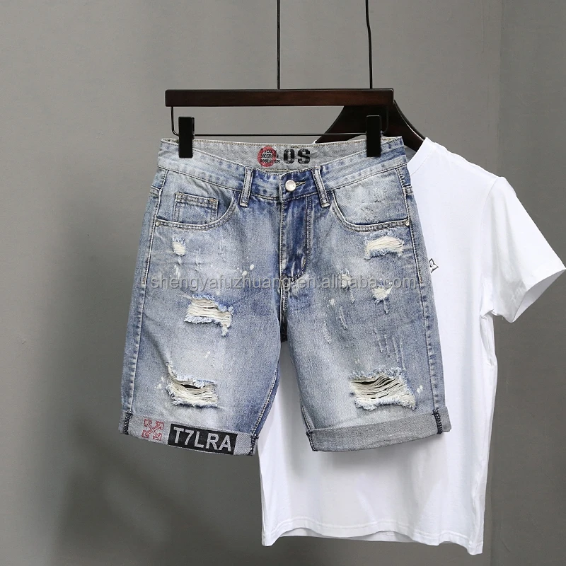 Summer men's jeans hole casual shorts washed high-quality shorts