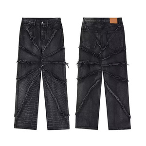 <strong>American</strong> Retro Destroyed Spider Web Raw Edge Jeans Men's Street-<strong>Blasting</strong> Loose Trousers Straight High Street Mopping Pants