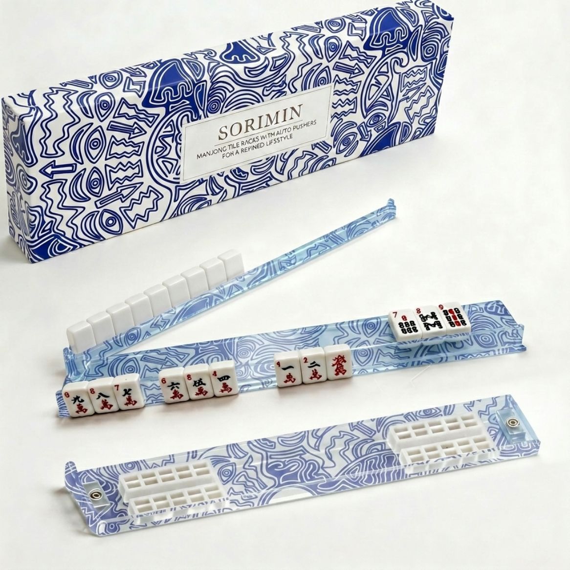 Ensemble de supports à mahjong à lignes bleues.