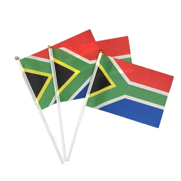 Kostenloser Versand Südafrika Flagge 14x21CM Polyester Tisch flagge mit Pole Flying Country Hand Waving Stick Südafrika nische Hand flaggen