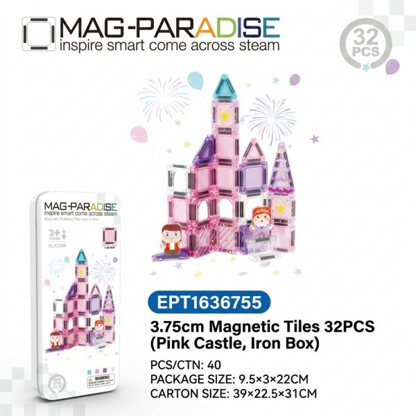 EPT1636755-3.75cm Baldosas Magnéticas 32 Piezas (Castillo Rosa, Caja de Hierro)