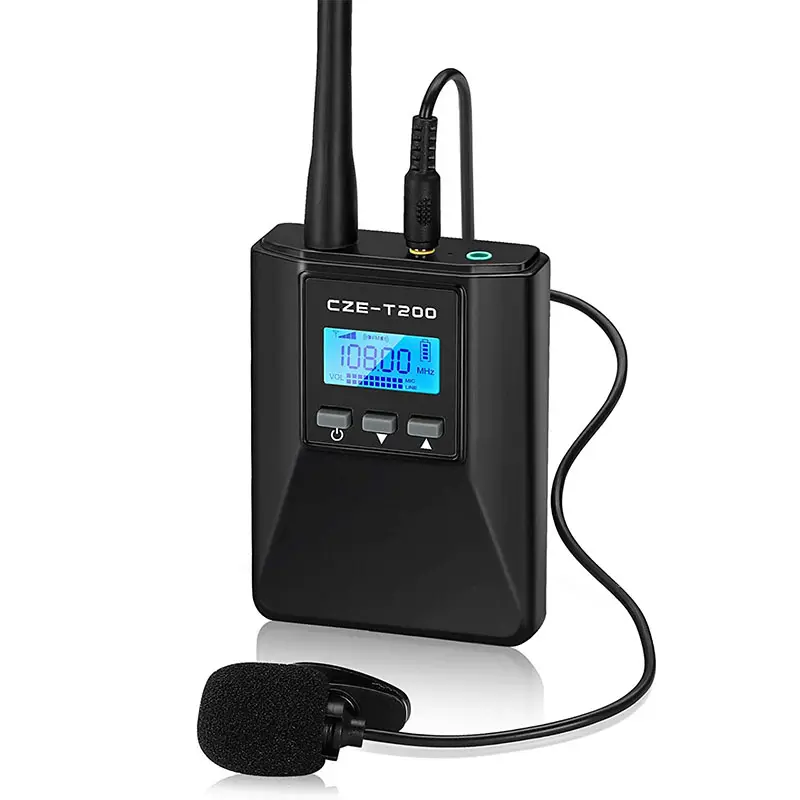 Transmissor de rádio fm estéreo CZE-T200 pll, mini transmissor mono de rádio com bateria de 0.2 mah para reuniões/turismo/campus, 0-1000 w