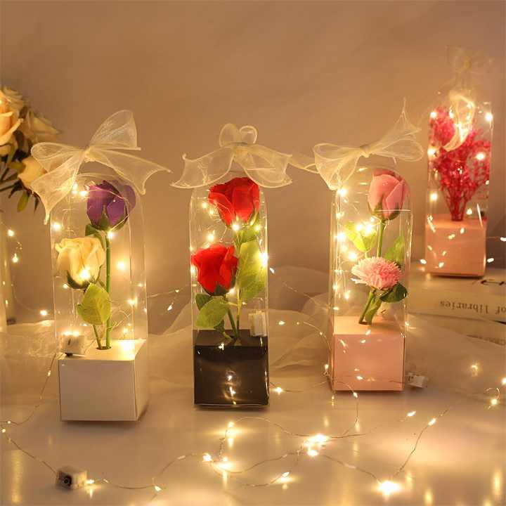 Girls Mothers Led Light Artificial Flower Bouquet Valentins Rose Soap Flowers Mother Day Gift 2024