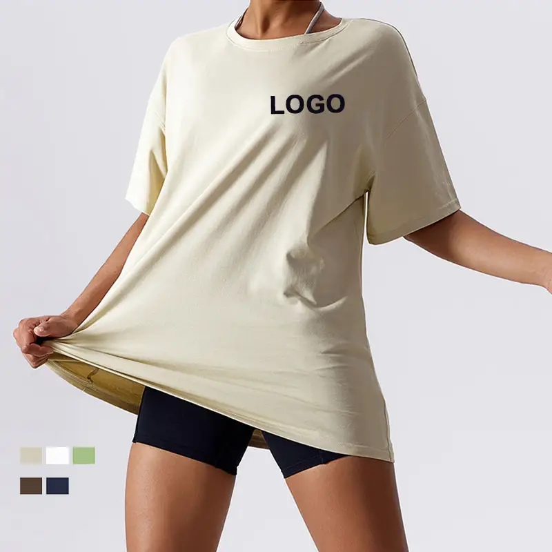 クルーネックドロップショルダー特大女性ブランクTシャツ100% コーマコットンランニングジムシャツレディースTシャツ