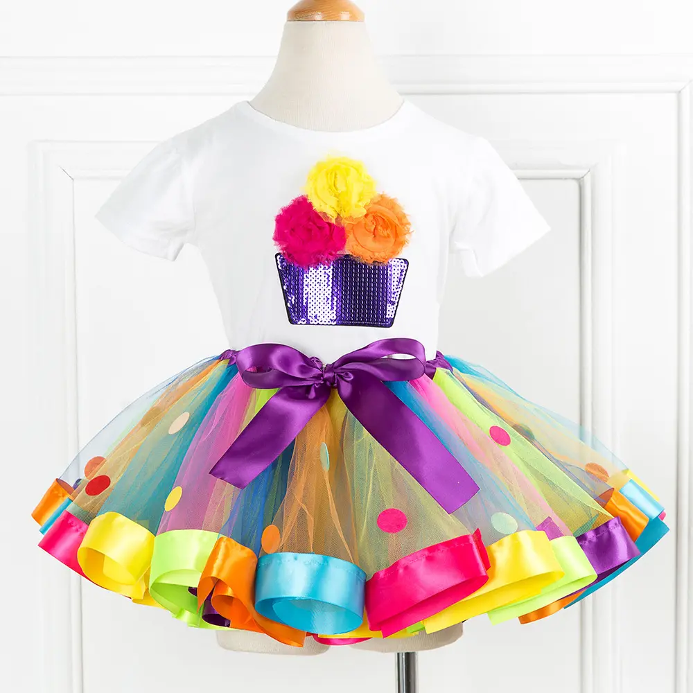 Vestido de princesa floral para meninas, design de verão, fofo, arco-íris, saia tutu, vestido para meninas, vestidos de festa para crianças, SX-RT6383