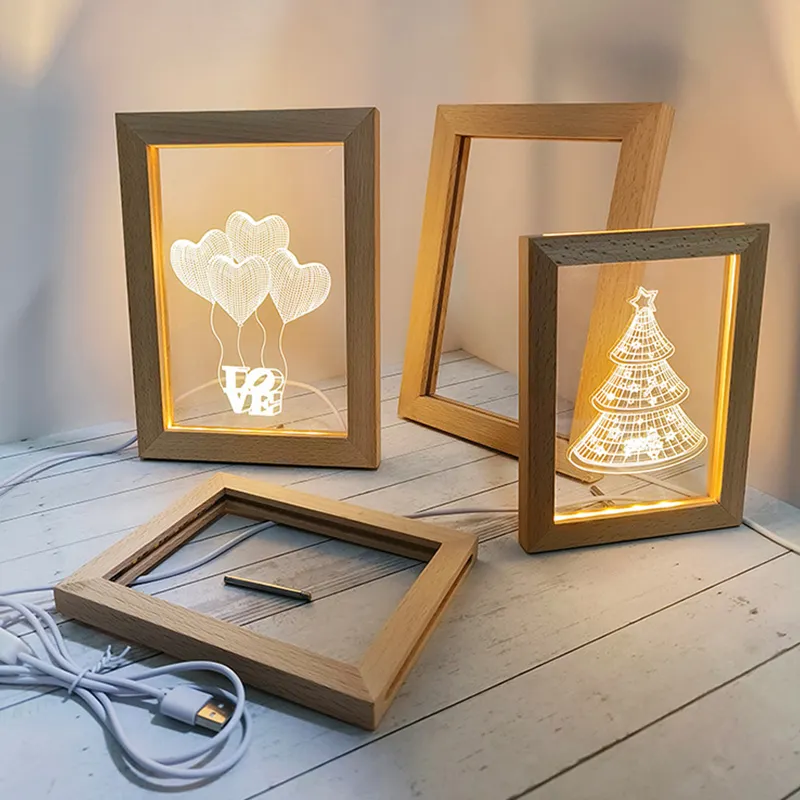 Marco luminoso de madera de arte macizo, luz Led DIY, foto personalizada, marco de fotos acrílico, luz de noche pequeña montada en el escritorio