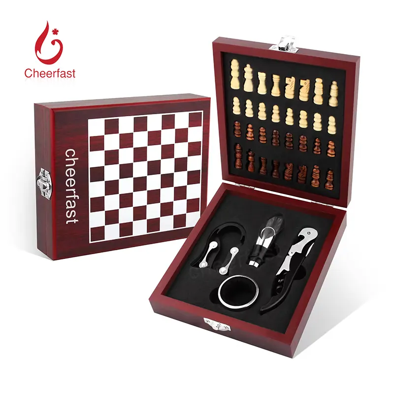 Vendita superiore 4 pezzi strumenti da Bar Set di accessori per vino con scacchi con vino versatore Set regalo e accessori per vino Bar strumenti scatola di legno