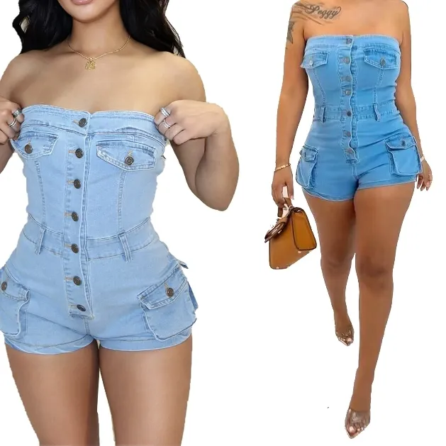 Mujeres nuevo tubo superior lindo elástico Jeans mono 2024 pantalones cortos verano fuera del hombro Denim monos mameluco