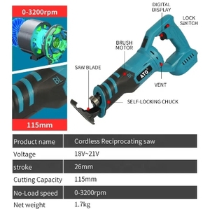 ATO Variable Speed Power Tool Electric Jig Saw Lithium Battery Wood Cutting Cordless Brushless <strong>Reciprocating</strong> Saw