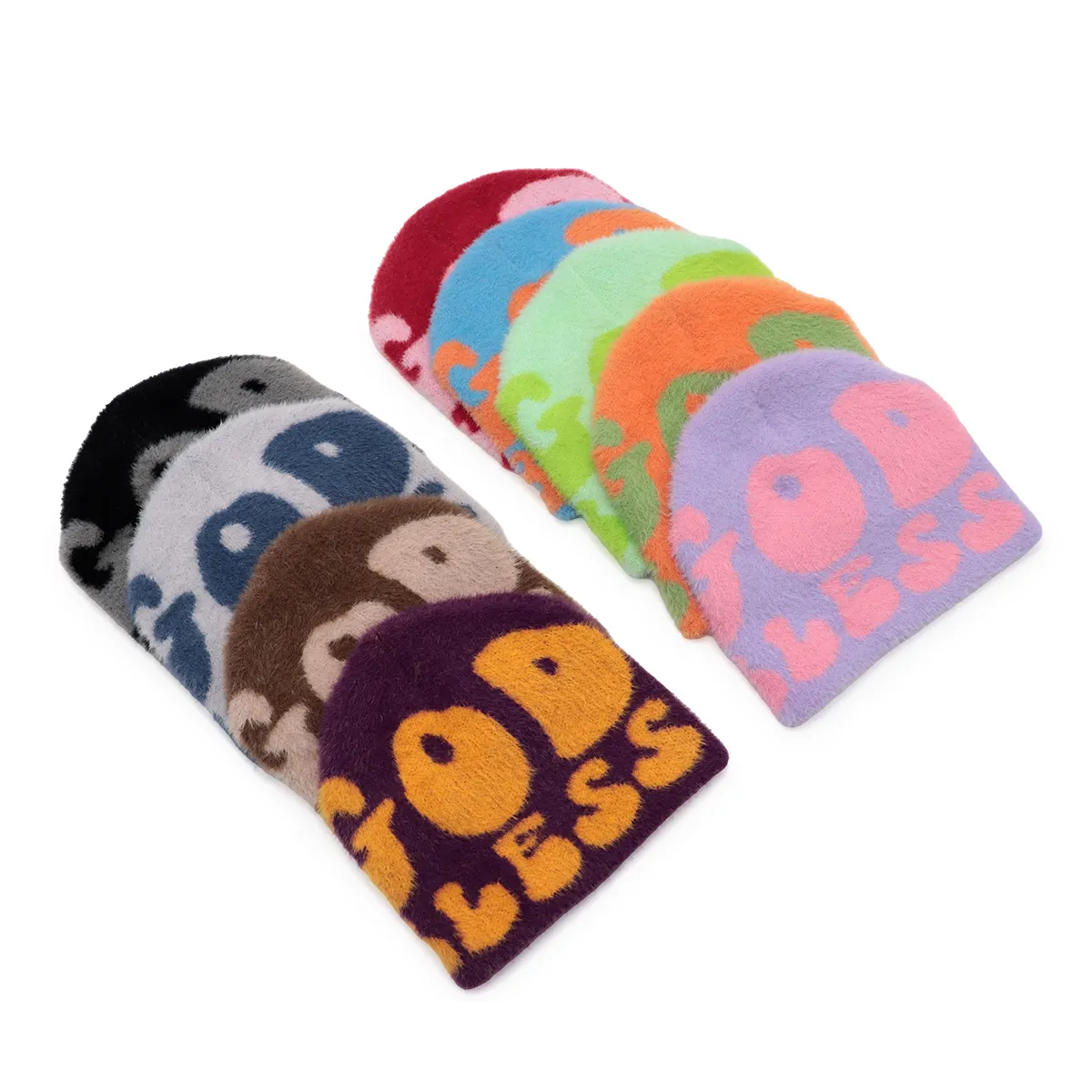 OEM ODM kendi Logo kış jakarlı örgü bulanık kürklü kabarık kürk özel tiftik bere şapkalar