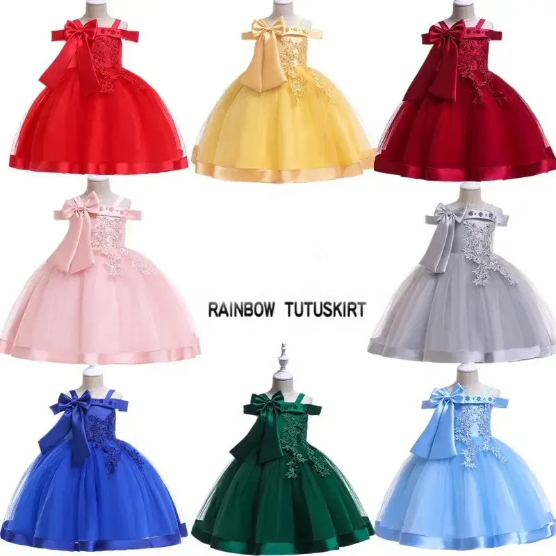 2023 Kids Dresses Kids Apparel Summer Girls Clothing Sleeveless Tulle Floral Gown With Trailing Tail Girls Dresses