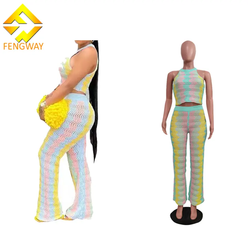 Fengway 2024, conjunto de Top corto sin mangas y pantalones acampanados, conjunto de ropa de verano para mujer, conjunto de dos piezas de punto a rayas onduladas
