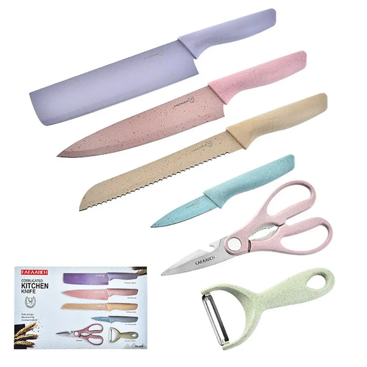 Online Hot Sale BPA-free Kitchen Utensils 6-Pieces Kit Wheat Straw Knife Scissor Peeler Set