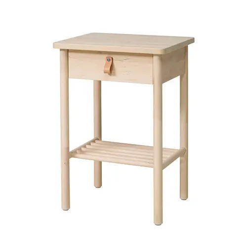 Light Wood Nightstand with Leather Pull & Slatted Storage Shelf