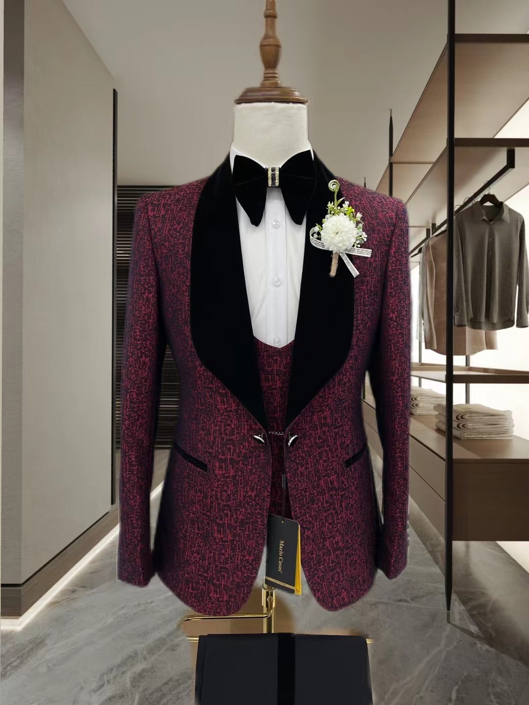 Burgundy-3pcs/set-Jacket + vest + pants