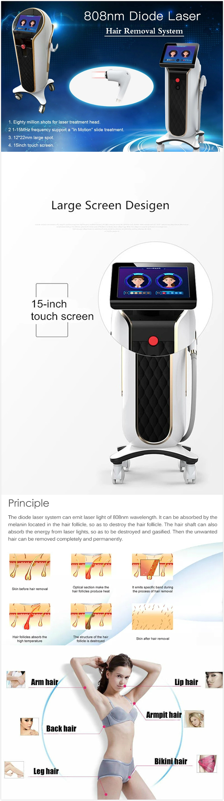 Permanent 808nm Diode Laser Hair Removal Machine for Face and Body