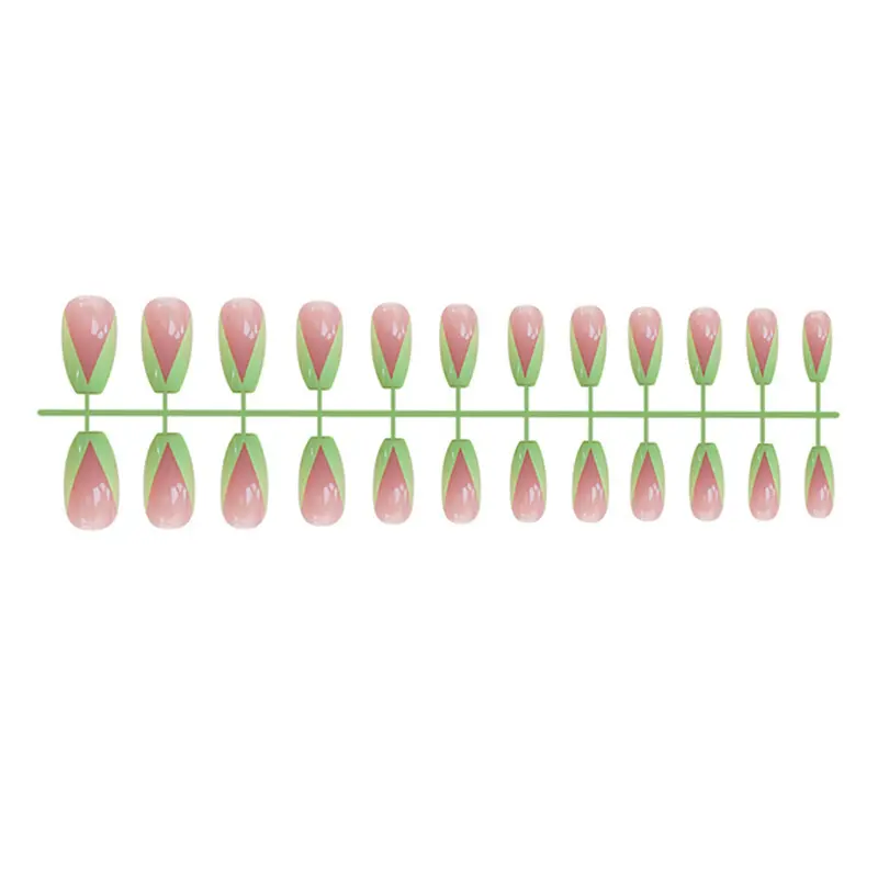 Venta al por mayor 3D tiras simple diseño francés Rosa Blanco Color corto redondo uñas postizas con capa de sellado de cristal recubierto uñas postizas