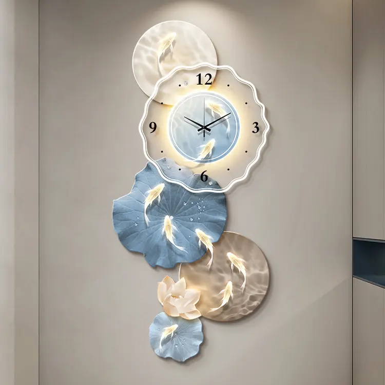 Ultima progettazione pesce con orologio luce a Led pittura acrilica Uv stampa soggiorno idee lampada murale parete luminosa arte
