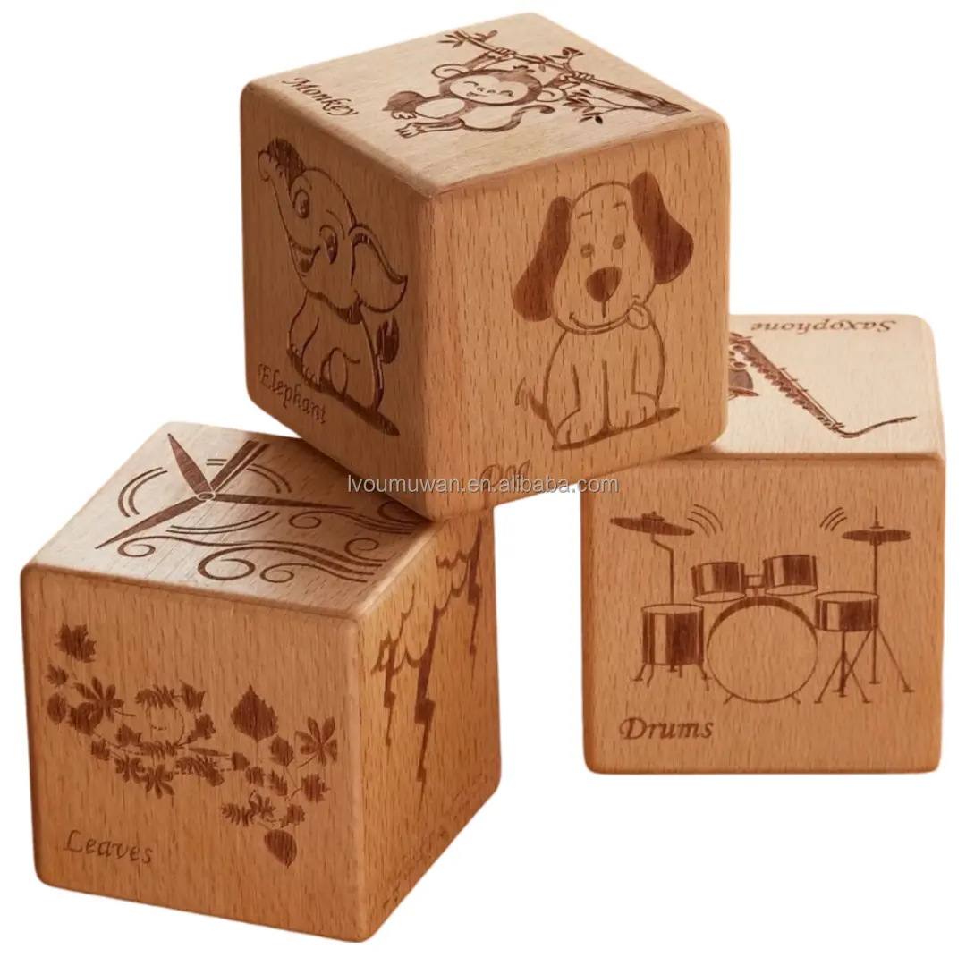 Bois sculpté 6 faces en bois carré couleur dés néerlandais en bois couleur dés jeu de société avec animaux Notes de musique Alphabet pour la fête