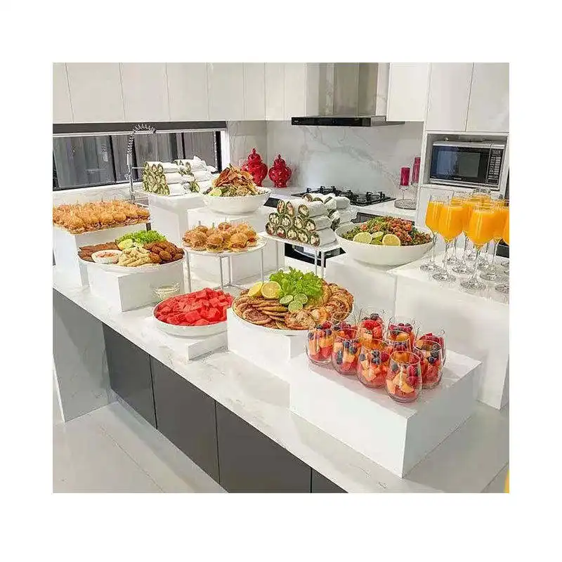 Présentoir de cube en acrylique blanc pour buffet, présentoir de piédestal carré Lucite pour aliments