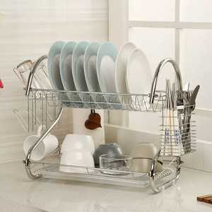 <strong>S</strong>-Shape Double-Layer <strong>Dish</strong> <strong>Rack</strong> Metal Kitchen Storage <strong>Rack</strong> with Drainage for Dinnerware and Tableware Storage