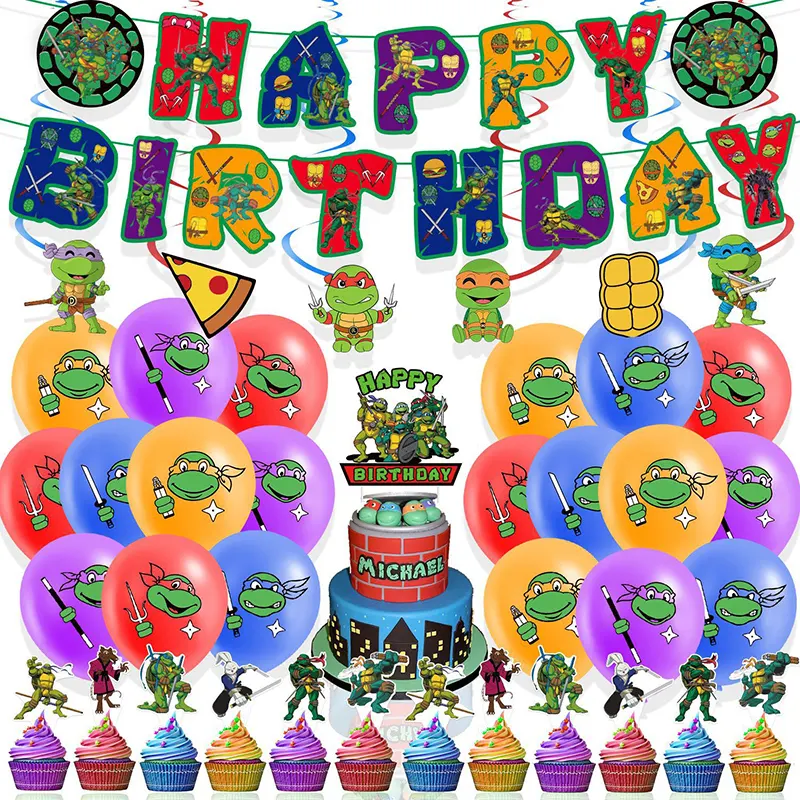 Cartoon Cool Anime Ninja Tortoise Theme Birthday Party Decoration With Banner Balloon Decoration Cake Party Supplies Set For Kid