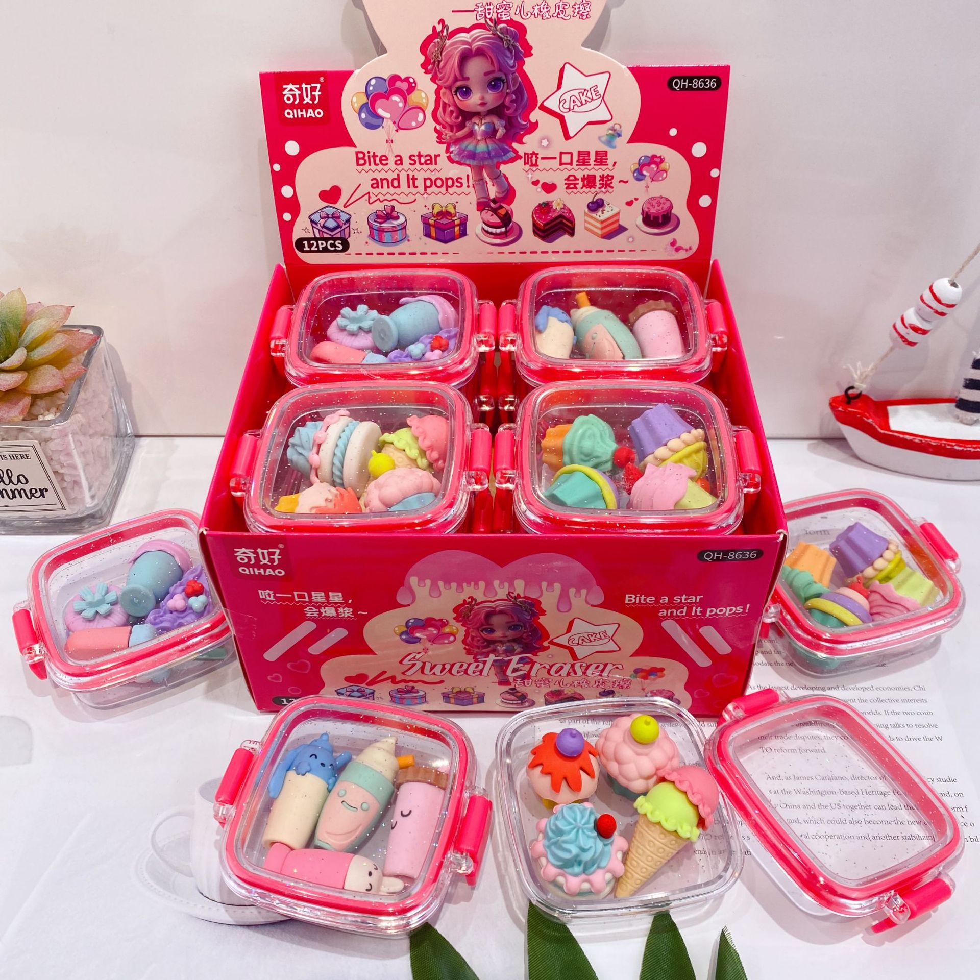 Red 8636 sweet girl lunch box shaped eraser
