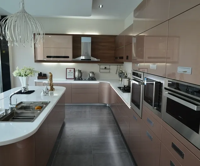 Acabamento laca brilhante alto, armários de cozinha de metal moderno sem uso manual