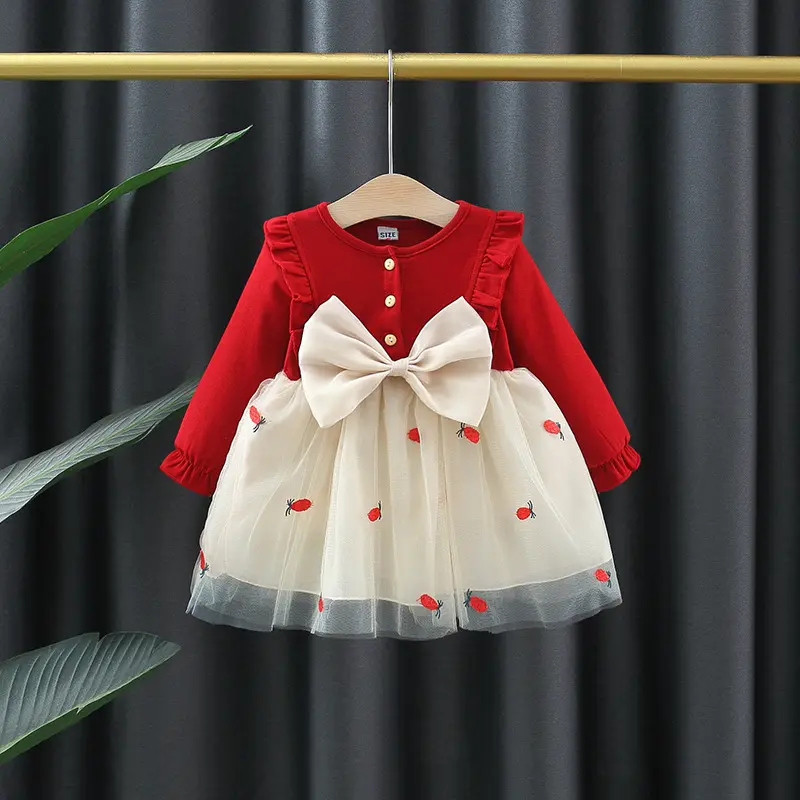 Robe de princesse rouge à manches longues pour fille, tenue de printemps en dentelle avec nœud, nouvelle collection 2023