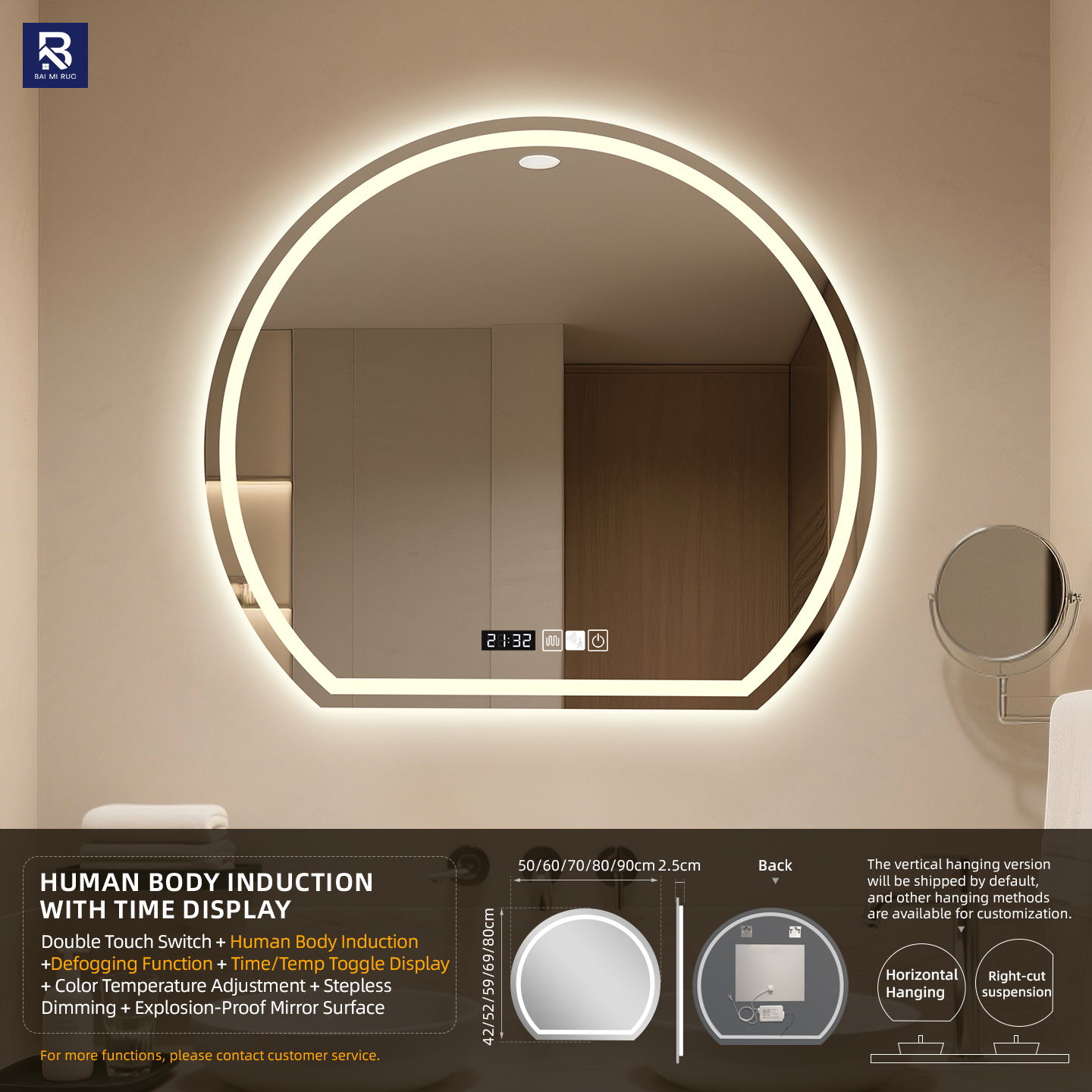 Human Sensor+Time&Temp+Dual Touch+3-Color Light+Defog