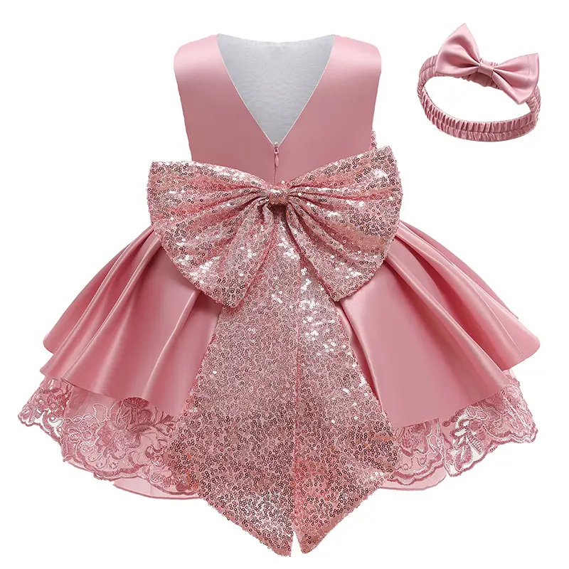 Vendita al dettaglio all'ingrosso 5 colori big sequin bow baby girls 'princess party dresses gown kid clothing set dress