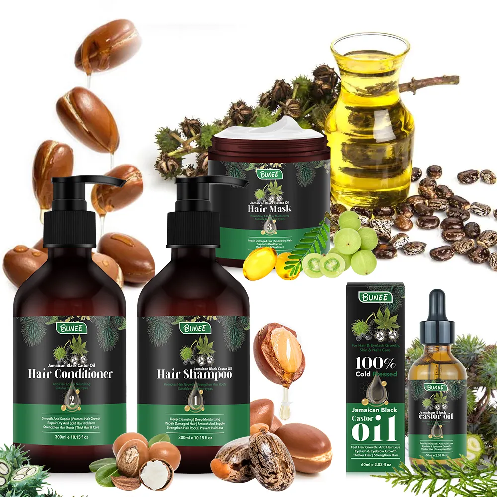 Conjunto de shampoo e condicionador para tratamento capilar com óleo de rícino preto orgânico de garantia de qualidade, ideal para o crescimento do cabelo