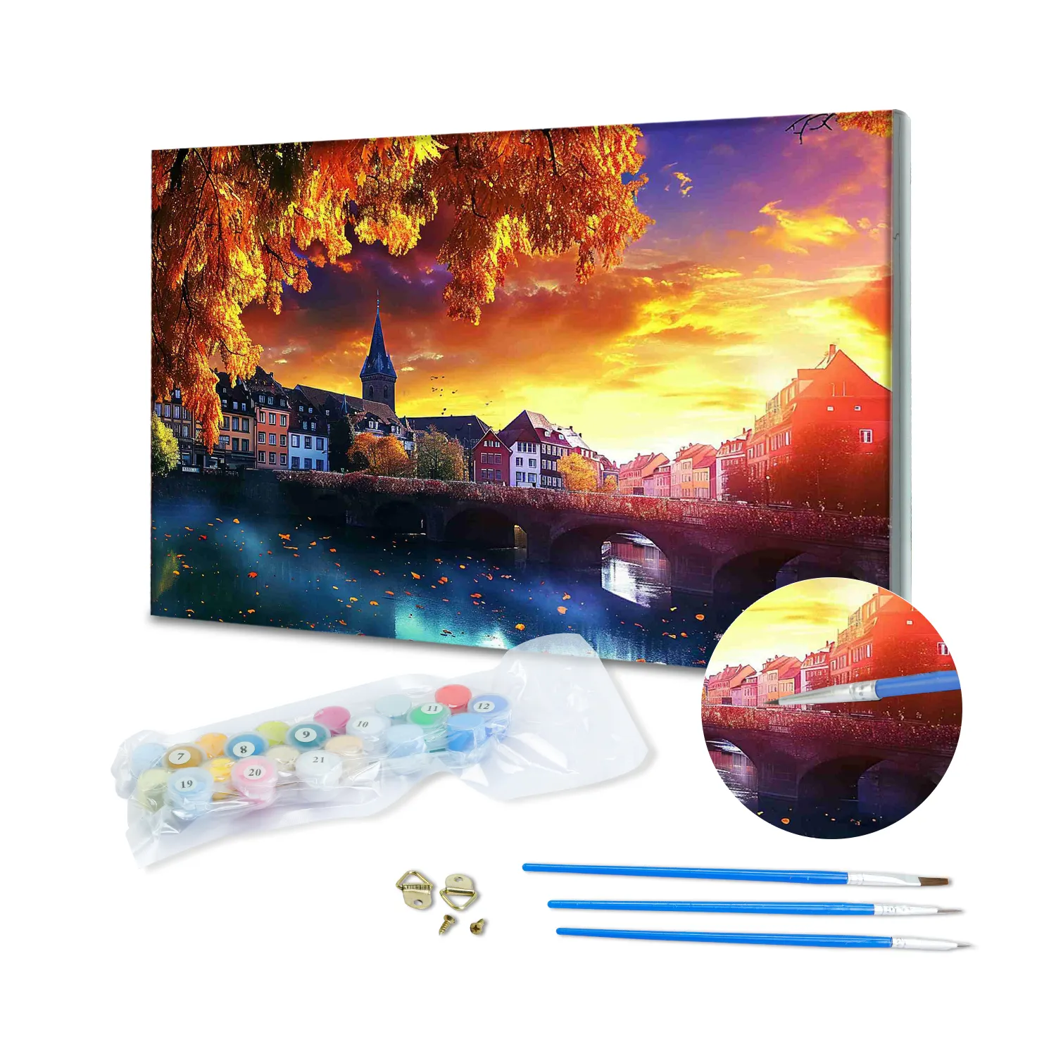 Ponte al tramonto lago Diy pittura ad olio di numeri tela pittura murale Set digitale pittura ad olio con cornice di lusso arte della parete