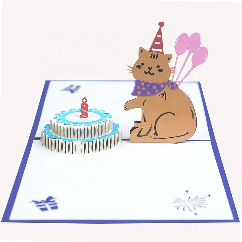 New Wholesale Creative Handmade Cute Cat Cake Happy Birthday 3d Pop Up Greeting Card