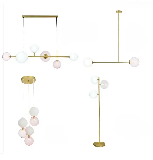 Moderna collezione di illuminazione a globo in vetro rosa: lampadario, ciondolo, pavimento e lampade da parete