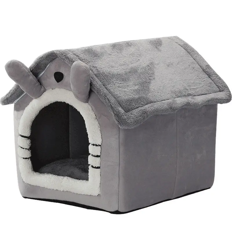 Casa de cachorro luxuosa com telhado duplo interior dobrável, canil macio e quente com almofada removível e fundo antiderrapante para móveis para animais de estimação