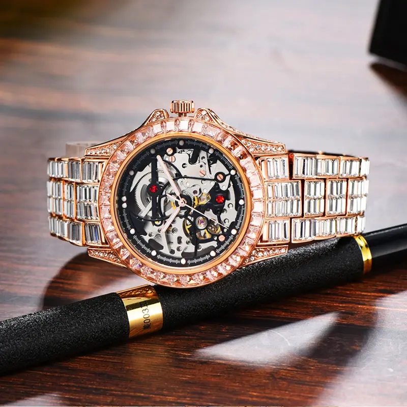 Reloj de pulsera para hombre, con logotipo personalizado, de lujo, Hip Hop, dorado, brillante, diamante, esqueleto, mecánico, automático