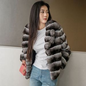 热卖100% 正品龙猫皮奢华皮草大衣黑白条纹厚真龙猫皮草大衣女