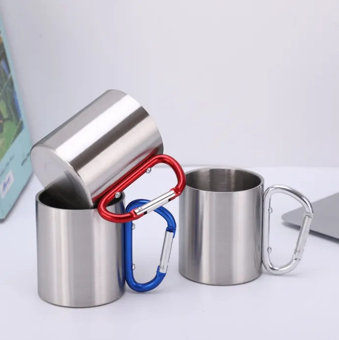 Customize Logo 220ml Mountain Camping Traveling Stainless steel cup insulated double wall outdoor carabiner tumbler with buckle