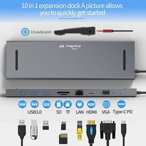 10合1多端口USB C型集线器C型适配器至USB 3.0 4K 30hz高清高清电视VGA视频音频RJ45 SD TF USB PD 100W转换器集线器 - Product Image 3