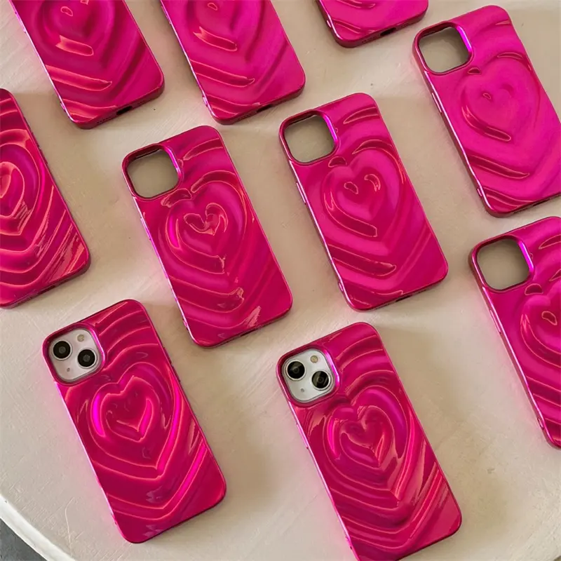New arrival love hot pink chrome heart phone case for iphone 11 12 13 14 15 pro max plus