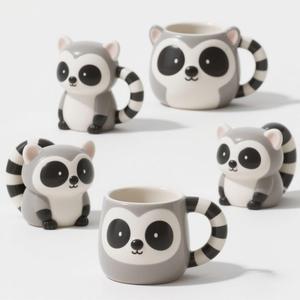 Anel-tailed Lemur Shaped Canecas De Café De Cerâmica com Tampa & Pires, Aceitar Personalizado, Ai Criado, MOQ 500PCS