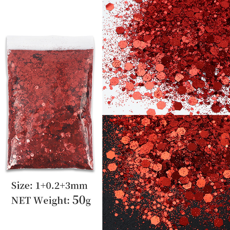 Bolsa de 50g de lentejuelas grandes mixtas serie oro y plata - rojo intenso 15