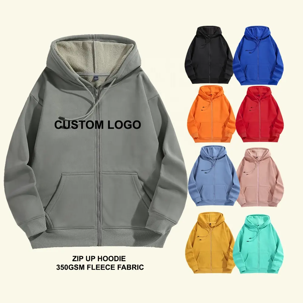 unisex custom 350gsm blank full zip up hoodie fleece oversized heavyweight winter warm zip up hoodie puff printing zip up hoodie