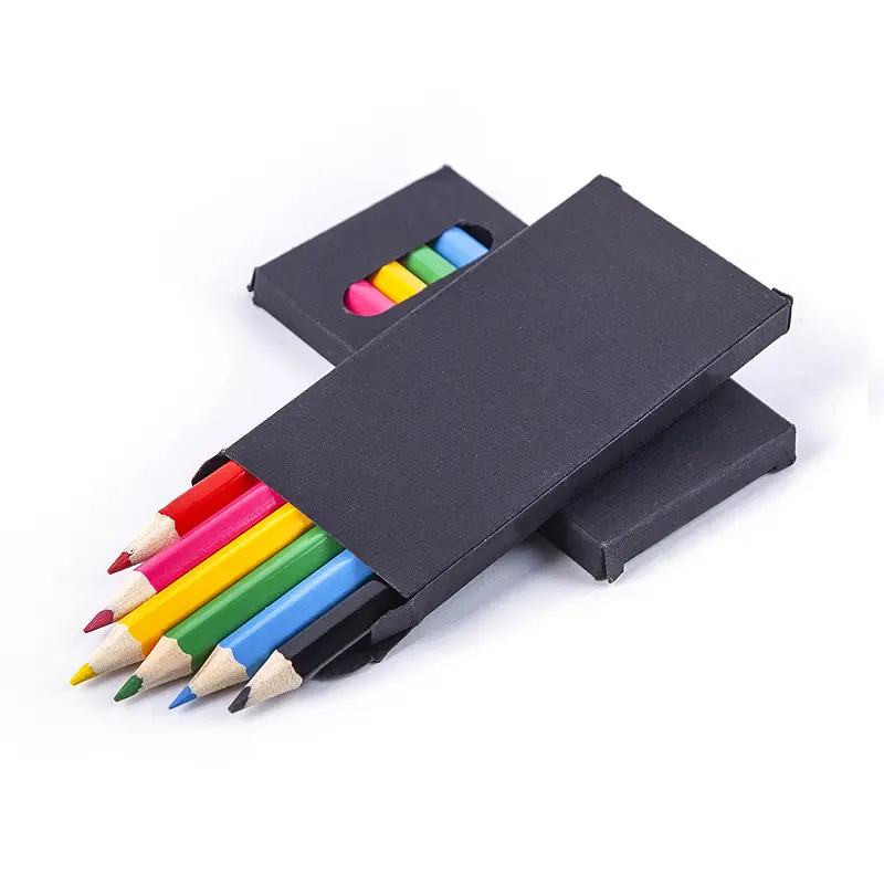 Juego de lápices de colores de madera para niños, set de 6 colores promocional con caja negra de dibujo, 3,5"