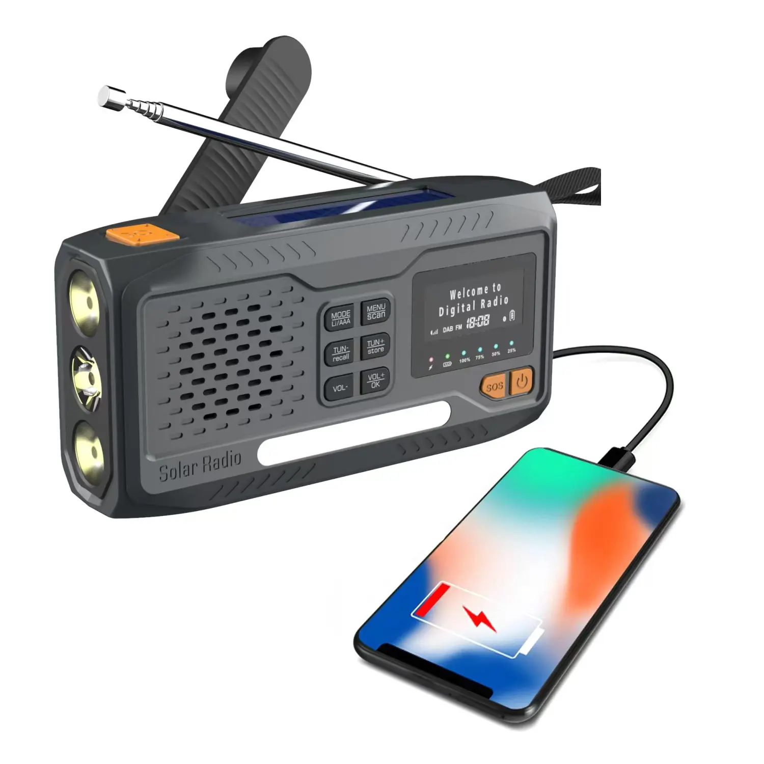 हेडफोन, 3 मोड फ्लैशलाइट, फोन चार्ज के साथ पोर्टेबल मिनी एफएम सोलर डायनमो इमरजेंसी क्रैंक रेडियो डिजिटल डैब रेडियो
